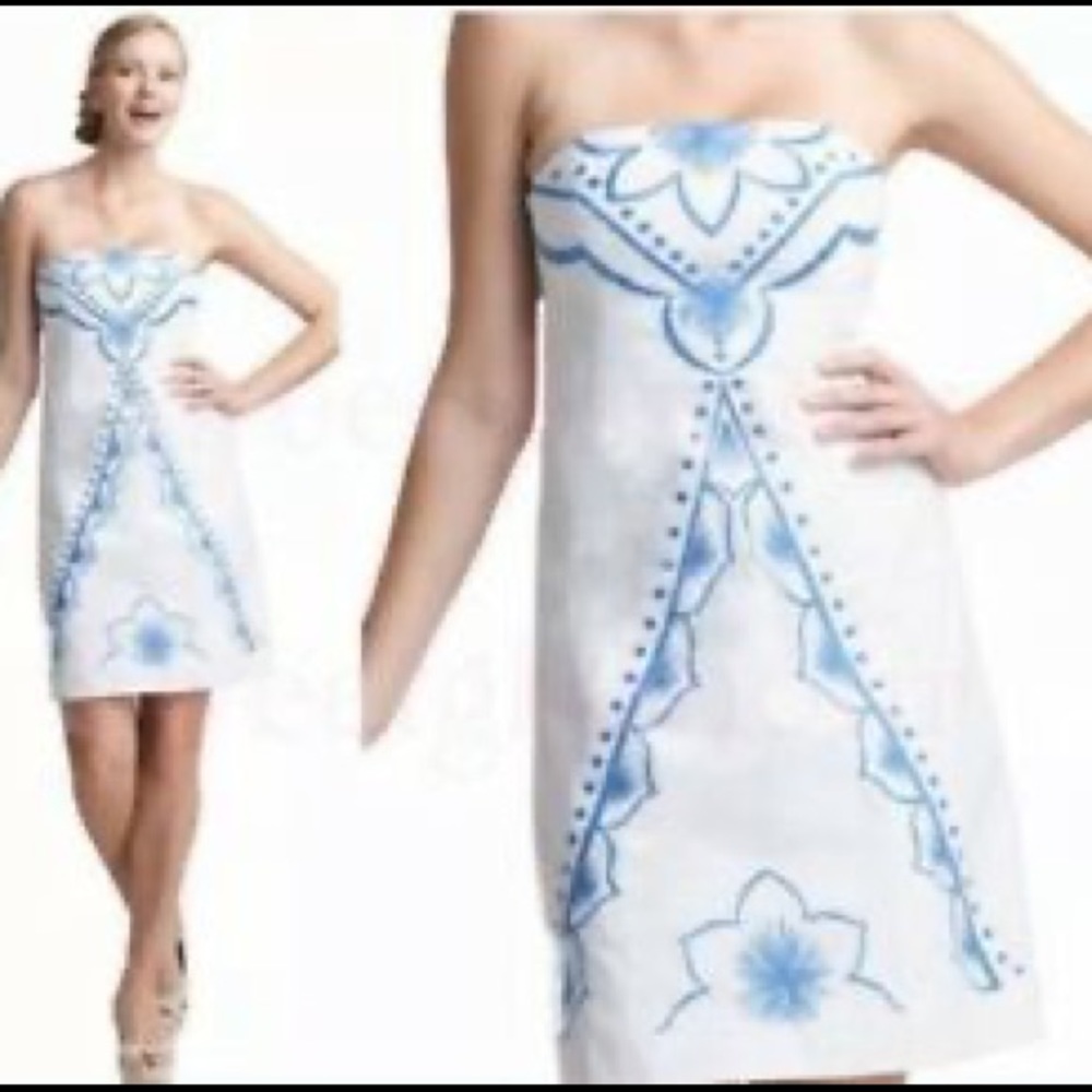 Lilly Pulitzer White & Blue Bowen embroidered strapless dress